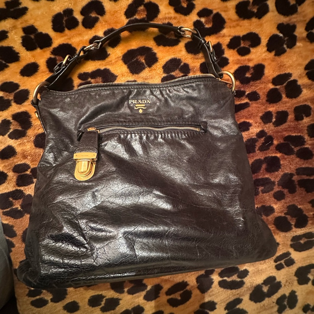 Vintage Prada Black Vitello Daino Hobo Bag | Gold Hardware | Unique Vintage Find